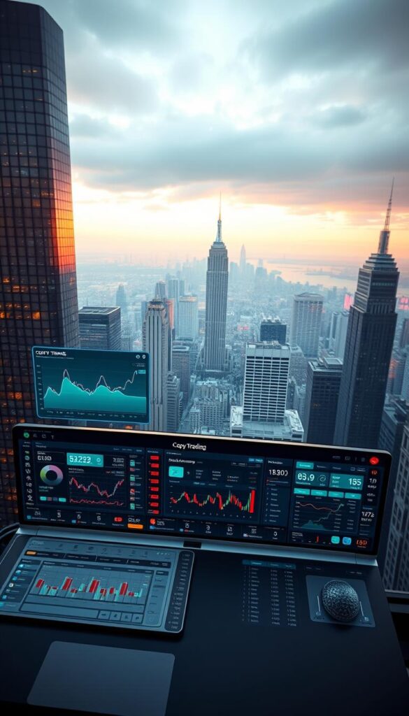 A sprawling, cutting-edge trading platform with a sleek, futuristic interface. The main screen displays real-time data and charts, with a central focus on the "Copy Trading" feature. The foreground shows a user's dashboard, highlighting intuitive portfolio management tools. The middle ground depicts various trading widgets and analytics, conveyed through a minimalist, high-contrast design. In the background, a panoramic cityscape with towering skyscrapers and a vibrant, neon-lit skyline sets the tone of a dynamic, fast-paced financial hub. Warm, diffused lighting casts an inviting glow, while the camera angle suggests an elevated, bird's-eye view for an immersive, cinematic perspective.