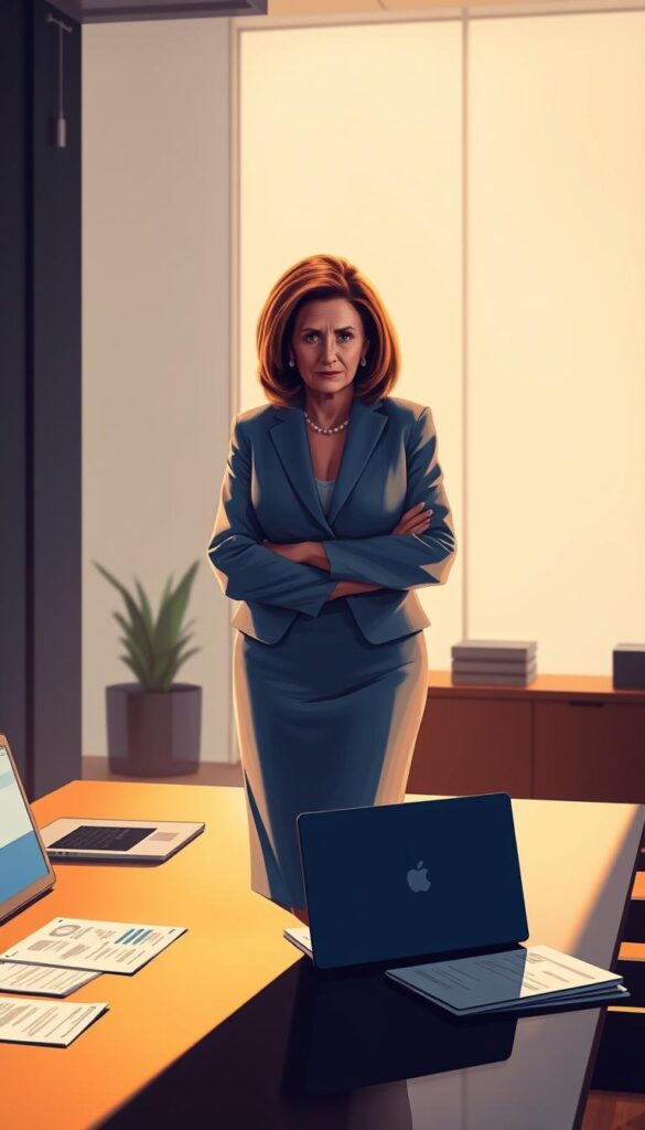 A stylized, high-resolution digital painting depicting Nancy Pelosi standing in a modern, minimalist office, surrounded by a large desk, a laptop, and financial documents. The lighting is warm and directional, creating dramatic shadows and highlights on her face, which has a pensive, thoughtful expression. The background is slightly blurred, suggesting a focus on Pelosi's investment strategy and decision-making process. The overall mood is one of power, influence, and financial acumen.