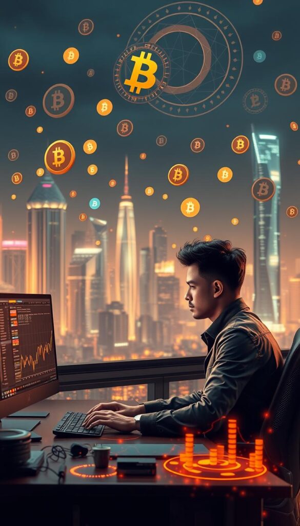 A thriving cryptocurrency trading platform, crypto copy trading showcases a digital landscape with seamless user interfaces, dynamic price charts, and intuitive portfolio management tools. In the foreground, a confident trader meticulously analyzes market trends on a state-of-the-art computer setup, surrounded by holographic displays and sleek, futuristic devices. In the middle ground, a diverse array of cryptocurrency symbols and icons hover and rotate, creating a sense of technological depth and complexity. The background features a cityscape of gleaming skyscrapers and futuristic architecture, bathed in a warm, neon-infused glow that evokes the excitement and potential of the crypto universe. The overall mood is one of innovation, empowerment, and the promise of unlocking profitable opportunities in the dynamic world of decentralized finance.