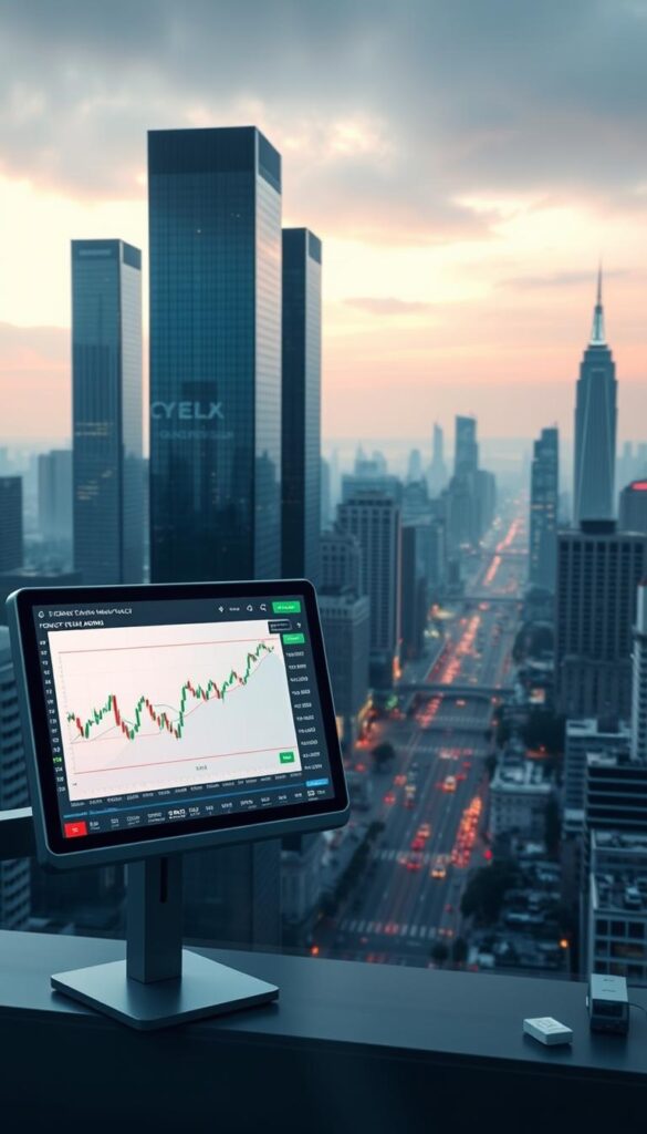 A thriving financial landscape unfolds, illuminated by the allure of copy trading. In the foreground, a sleek, high-resolution display showcases a dynamic trading interface, its fluid movements and intuitive design inviting the user to explore the boundless potential of this innovative investment strategy. Framing the scene, a futuristic cityscape rises, its gleaming skyscrapers and bustling streets a testament to the wealth and prosperity that copy trading has ushered in. Soft, diffused lighting casts a warm glow, evoking a sense of optimism and opportunity, while a subtle, ethereal haze lends an air of mystery and anticipation, hinting at the transformative power of this emerging financial revolution.
