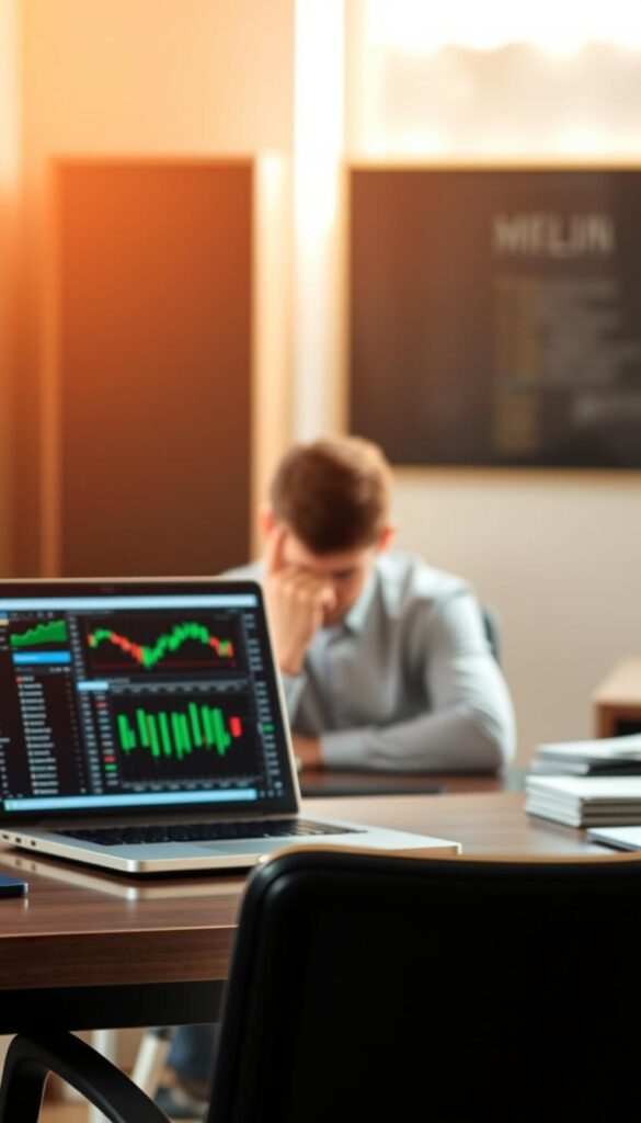 A tranquil office setting, with a desk and chair in the foreground. On the desk, a laptop displays a trading dashboard, showcasing various financial metrics. In the middle ground, a person sits thoughtfully, their face partially obscured, deep in contemplation of the trading decisions before them. The background is softly blurred, creating a sense of focus on the psychological aspect of copy trading. Warm, natural lighting illuminates the scene, casting subtle shadows and highlighting the pensive expression of the trader. The overall atmosphere conveys the importance of mindset and emotional control in successful copy trading strategies.