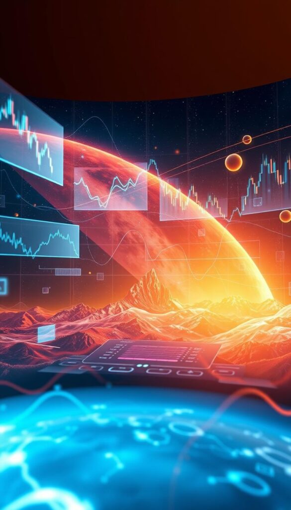 A vast, holographic landscape of financial data unfolds, displaying the dynamic trends and fluctuations of the Jupiter Copy Trading market. In the foreground, a series of transparent, floating graphs and charts dance across the screen, visualizing the ebb and flow of market activity. The middle ground features a sleek, futuristic interface with intuitive controls, allowing the user to navigate and analyze the data. In the background, a cosmic, three-dimensional backdrop of stars and nebulae sets the scene, evoking a sense of the vastness and complexity of the financial universe. Warm, diffused lighting casts a subtle glow over the scene, creating a sense of depth and atmosphere. The overall impression is one of power, precision, and the ever-evolving nature of the Jupiter Copy Trading ecosystem.