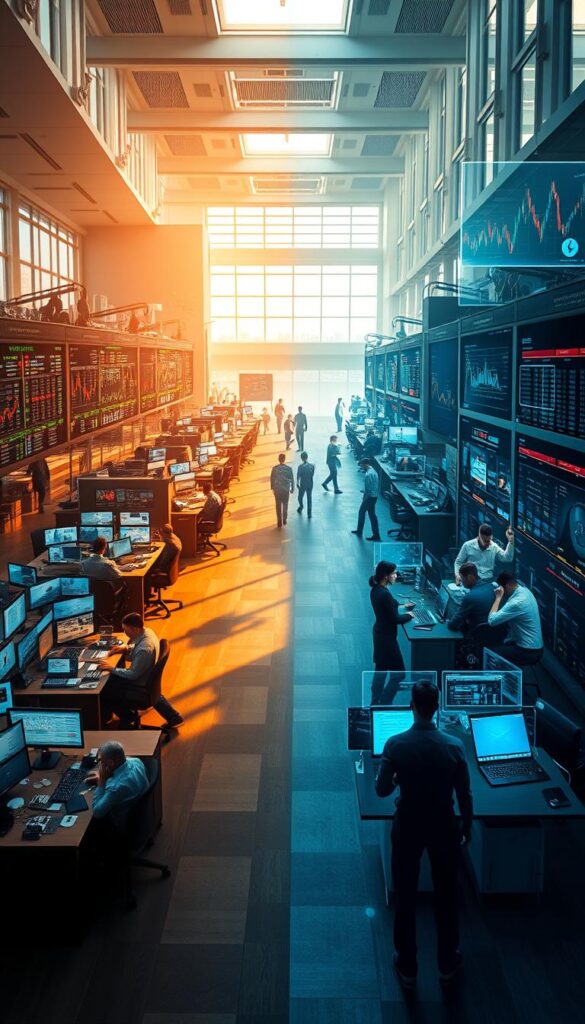 A vast trading landscape with two distinct paths: on the left, a traditional trading floor bustling with activity, traders hunched over screens analyzing charts and data; on the right, a futuristic digital realm, a single individual effortlessly managing a diverse portfolio through the power of copy trading, surrounded by holographic interfaces and sleek technology. The contrast is stark, highlighting the evolution from the analog to the digital, the shift from individual toil to collaborative wealth-building. Illuminated by warm, natural lighting from large windows, the scene exudes a sense of progress and innovation, inviting the viewer to explore the changing face of the financial world.