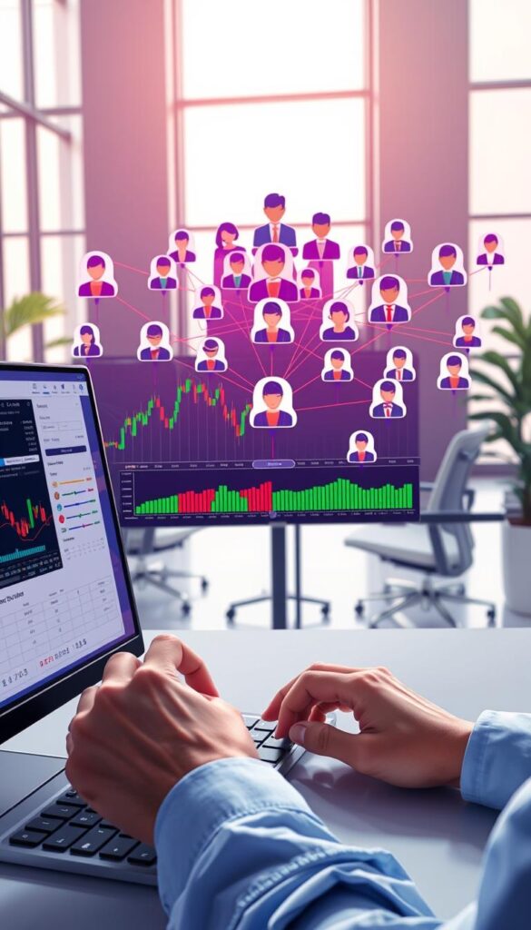 A vibrant and dynamic illustration of profitable copy trading strategies. In the foreground, a computer screen displays a digital trading platform, with various charts, graphs, and financial data. The user's hands are visible, navigating the interface with precision. In the middle ground, a network of interconnected traders, each represented by an avatar, exchange insights and signals. The background showcases a modern, minimalist office setting, with large windows and sleek, ergonomic furniture. The lighting is soft and diffused, creating a sense of focus and concentration. The overall mood is one of success, efficiency, and financial empowerment, capturing the essence of thriving in the world of copy trading.