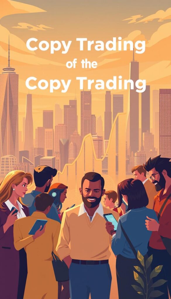 A vibrant and dynamic illustration showcasing the benefits of copy trading. In the foreground, a diverse group of individuals from various backgrounds, each with a tablet or smartphone, intently focused on their trading activities. In the middle ground, a series of upward-trending financial charts and graphs, symbolizing the potential for successful investments. The background features a cityscape with towering skyscrapers, bustling with activity, conveying a sense of the global financial landscape. Warm, golden lighting casts a sense of optimism and opportunity, while the overall composition and color palette evoke a feeling of progress and growth.