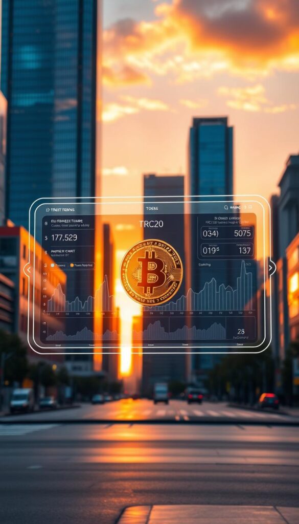 A vibrant cityscape with a towering skyscraper in the background, its sleek glass facade reflecting the sunset's warm glow. In the foreground, a sleek, holographic interface hovers, showcasing the seamless exchange of TRC20 tokens into shimmering Bitcoin. The interface displays clear statistics, graphs, and intuitive controls, highlighting the benefits of this cross-chain transaction - efficiency, security, and the ability to easily diversify one's cryptocurrency portfolio. The scene conveys a sense of technological advancement, financial empowerment, and the future of decentralized finance.