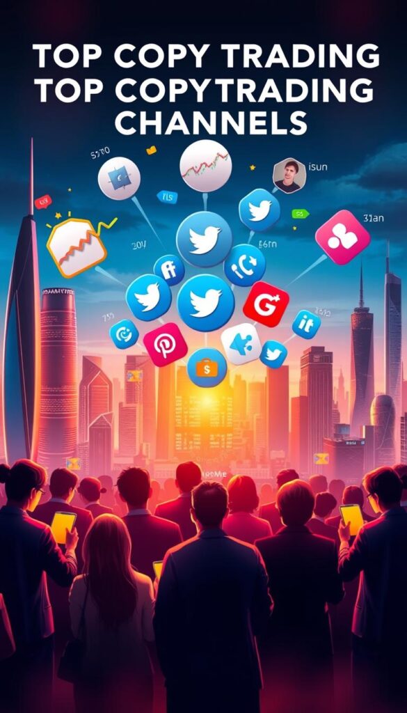 A vibrant digital landscape depicting the top copy trading channels on various social media platforms. In the foreground, a group of people engrossed in their mobile devices, symbols of successful trades and financial growth floating above them. In the middle ground, a cluster of Telegram, Twitter, and other app icons, each representing a thriving community of copy traders. The background is a sleek, futuristic cityscape, skyscrapers and neon lights casting a dynamic, high-tech atmosphere. The scene is illuminated by warm, directional lighting, creating a sense of energy and excitement around the copy trading experience.