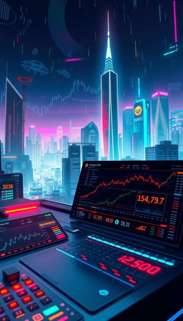 A vibrant, digital landscape depicting the world of crypto copy trading platforms. In the foreground, a sleek, futuristic dashboard with real-time market data, trading signals, and intuitive controls. The middle ground showcases various crypto assets, their price charts, and portfolio management tools. In the background, a cityscape of towering skyscrapers and holographic displays, bathed in a neon-tinged, cyberpunk atmosphere. The overall mood is one of technological sophistication, financial empowerment, and the boundless potential of the crypto economy.