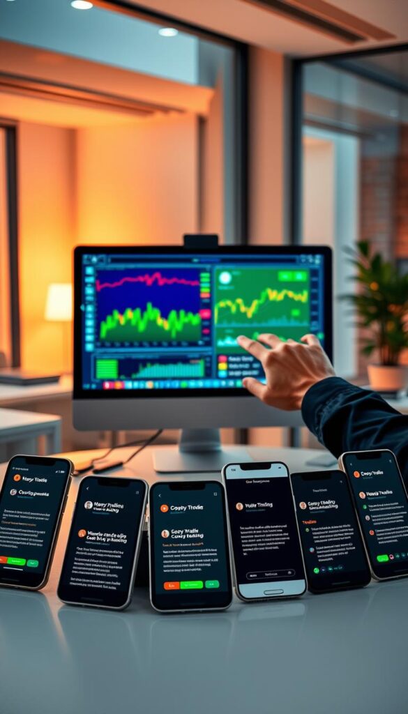 A vibrant, dynamic scene depicting successful copy trading techniques. In the foreground, a computer screen displays a live trading dashboard, with colorful charts, graphs, and performance metrics. Beside it, a confident trader's hands skillfully navigate the interface, making strategic decisions. In the middle ground, an array of smartphones and tablets showcase various copy trading apps, each with user testimonials and success stories. The background is filled with a modern, minimalist office setting, with sleek furniture, large windows, and warm, ambient lighting that casts a soft glow over the entire scene. The overall atmosphere conveys a sense of professionalism, expertise, and the thrill of financial success.