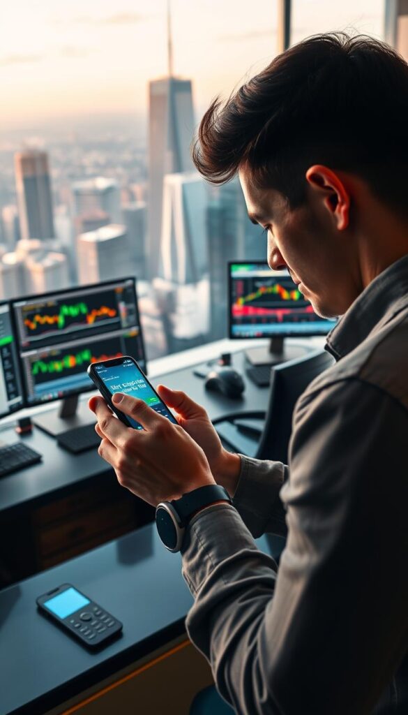 A vibrant stock market scene with a beginner investor intently studying a smartphone screen, immersed in the world of copy trading. In the foreground, their hands gesture animatedly as they analyze the real-time data and charts displayed. The middle ground features a sleek, modern trading desk, with multiple monitors showcasing various trading platforms. In the background, a bustling city skyline sets the scene, hinting at the vast potential of the financial markets. Soft, warm lighting illuminates the space, creating an atmosphere of focus and determination. The overall composition conveys the excitement and opportunity of copy trading for those new to the world of stock options.