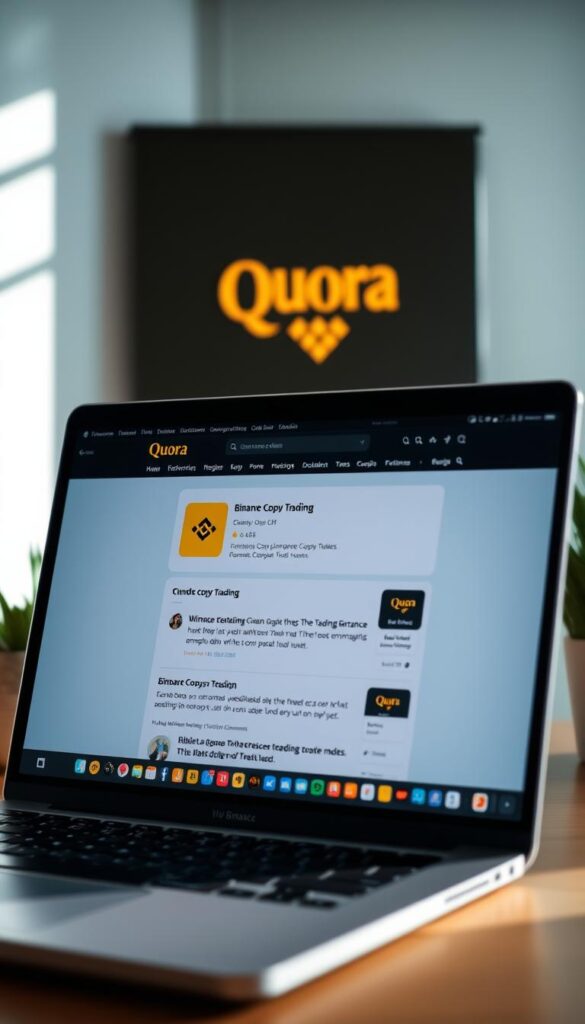 A vibrant, well-lit image of the Quora website interface, with a central focus on the "Binance Copy Trading" topic section. The foreground features a clean, modern laptop display showcasing the Quora platform, while the background subtly incorporates elements of the Binance cryptocurrency exchange logo and branding. The scene exudes a sense of informative clarity, inviting the viewer to explore Quora as a valuable resource for understanding Binance's copy trading features. The lighting is soft and natural, creating a welcoming atmosphere that highlights the user-friendly nature of the platform.
