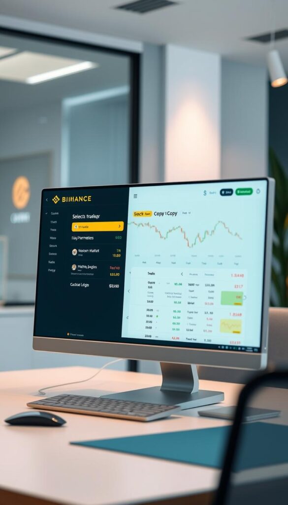 A well-lit Binance platform dashboard on a modern desktop computer, showcasing the seamless copy trading setup. The foreground features a user interface with clear controls for selecting a trader to copy, customizing risk parameters, and monitoring performance metrics. The middle ground depicts trading charts, real-time market data, and a sleek, intuitive layout. The background blends a minimalist office setting with subtle accents of the Binance brand colors, creating a professional and trustworthy atmosphere. The overall composition conveys an effortless, efficient, and secure copy trading experience.