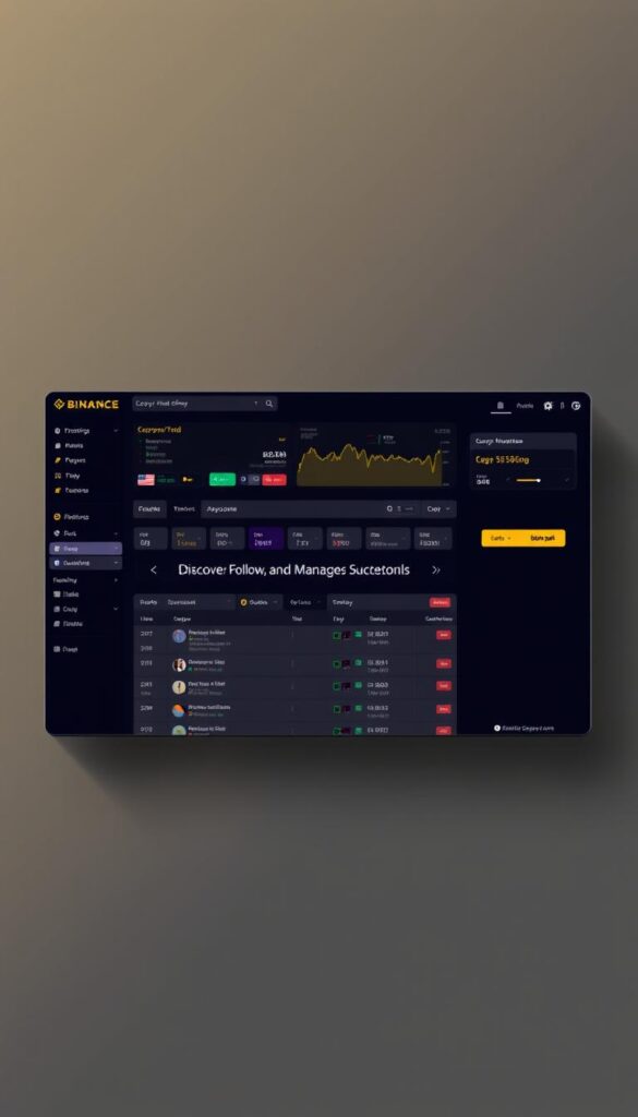 A well-lit and detailed user interface of the Binance copy trading platform, showcasing its intuitive layout and various features. The foreground displays a sleek dashboard with customizable widgets, live trading data, and easy-to-navigate menus. The middle ground presents a clear overview of the platform's copy trading functionality, highlighting the ability to discover, follow, and manage successful traders. The background features a subtle, elegant gradient that conveys a sense of professionalism and trust, essential for making informed investment decisions.