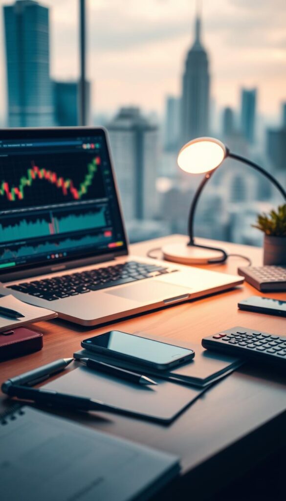A well-lit desk setup with a laptop, smartphone, and financial charts displayed on the screen. The foreground features various trading tools and resources, such as a pen, notebook, and calculator. The middle ground showcases a user-friendly copy trading platform interface, while the background depicts a blurred cityscape, conveying a sense of financial prowess and success. The overall atmosphere is one of productivity, efficiency, and the promise of profitable investments through the power of copy trading.