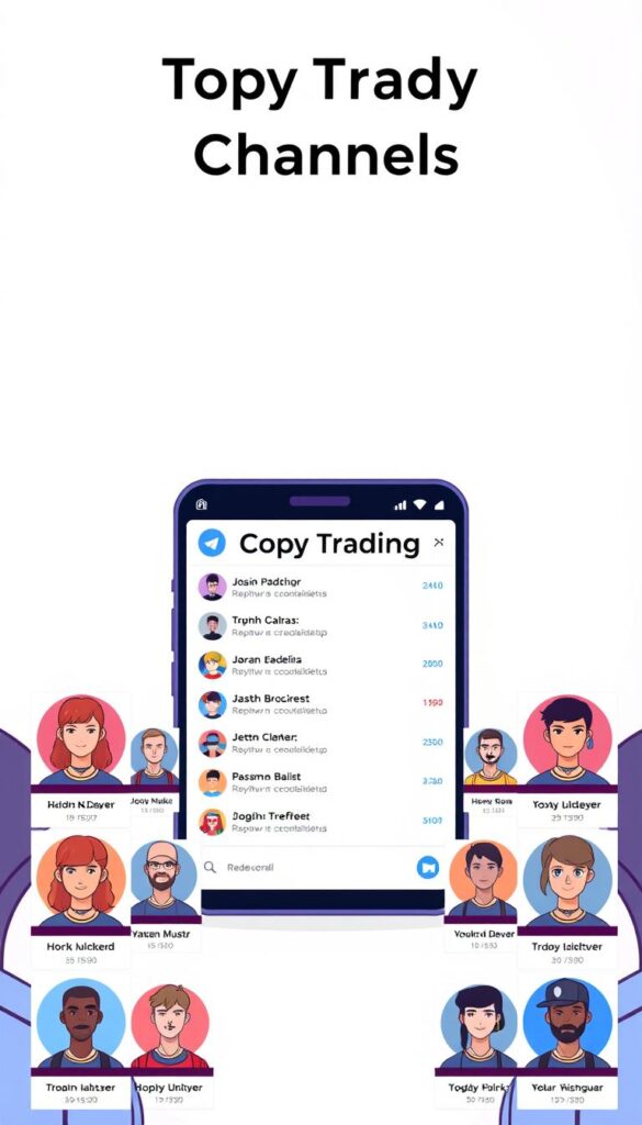 A well-lit, detailed illustration of the top copy trading channels on a Telegram group interface. The foreground features several user avatars and channel names, displayed in a clean, organized grid layout. The middle ground showcases a sleek, minimalist Telegram chat window, with a prominent "Copy Trading" header. The background blurs into a soft, gradient-based color scheme, creating a sense of depth and focus on the central elements. The overall mood is professional, informative, and inviting, capturing the essence of a successful copy trading community.