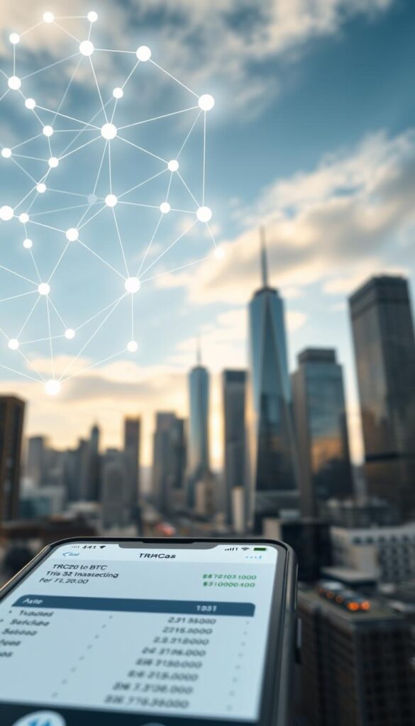 A well-lit, high-resolution image of an efficient TRC20 to BTC transfer, captured from an oblique angle. The foreground depicts a digital wallet interface, showcasing the seamless conversion process with clear transaction details. The middle ground features interconnected blockchain nodes, their intricate network connections symbolizing the secure and streamlined transfer. In the background, a cityscape skyline with towering skyscrapers represents the global financial landscape, highlighting the significance of this cross-chain operation. The overall mood is one of technological sophistication, financial empowerment, and the effortless transition between blockchain ecosystems.