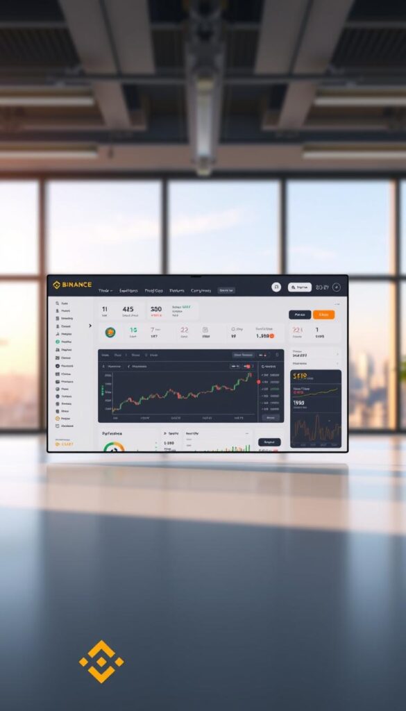 A well-lit, high-resolution image of the Binance copy trading platform. The foreground depicts the main dashboard interface, showcasing various trading tools, chart visualizations, and portfolio management features. The middle ground features a sleek, minimalist design with clean lines and subtle branding. The background gently blurs out to reveal a modern office setting with large windows, natural lighting, and a serene city skyline in the distance. The overall mood is one of professionalism, user-friendliness, and technological sophistication, conveying the ease and power of Binance's copy trading capabilities.