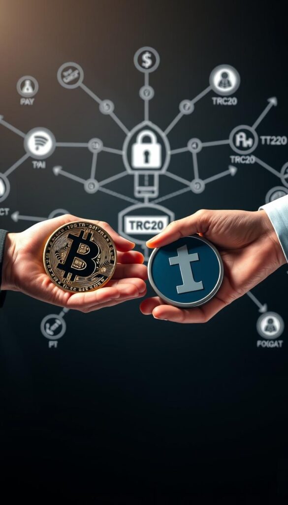 A well-lit, high-resolution image of two hands securely swapping cryptocurrency tokens, with a Bitcoin symbol and a TRC20 token symbol prominently displayed. In the background, a blockchain network diagram with data flows and security protocols illustrates the compliant, regulated nature of the transaction. The image conveys a sense of trust, safety, and professionalism, with a clean, minimalist aesthetic that aligns with the article's subject and section title.