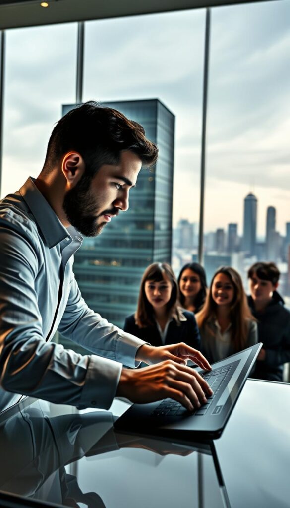A well-lit, high-resolution image showcasing the benefits of copy trading. The foreground depicts a professional trader effortlessly executing complex financial strategies on a sleek, high-tech trading platform. The middle ground features a group of novice traders observing and learning from the expert's actions, their faces lit with enthusiasm. The background subtly conveys a sense of financial success, with skyscrapers and a bustling cityscape in the distance, suggesting the potential for wealth and growth. The overall scene exudes a mood of empowerment, efficiency, and the ease of transitioning from beginner to successful trader through the power of copy trading.