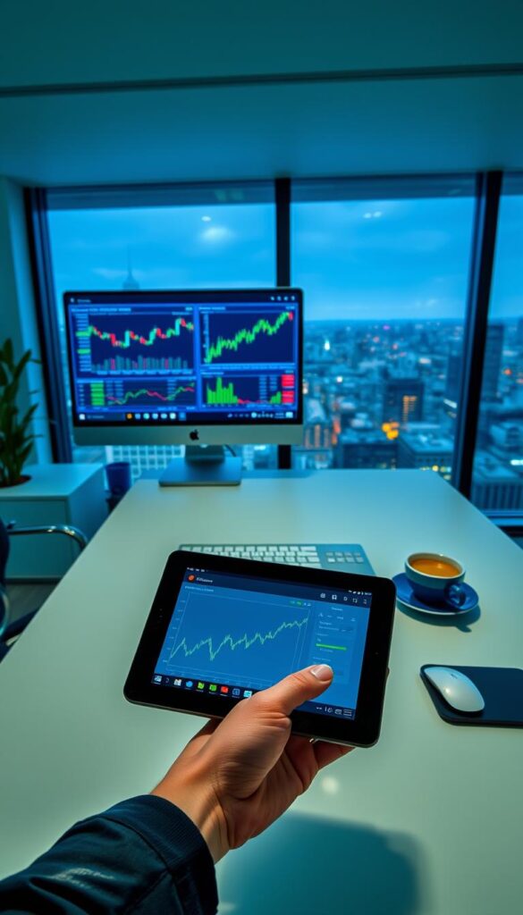 A well-lit, modern office setting with a stylish desktop computer, a large display screen, and an array of financial charts and graphs. In the foreground, a hand holding a tablet device, showcasing a user-friendly interface for a top-rated copy trading software. The middle ground features a sleek, minimalist desk setup with a mouse, keyboard, and a cup of coffee, conveying a sense of efficiency and focus. The background highlights a panoramic city skyline, suggesting the global reach and impact of this powerful trading tool. The overall atmosphere is one of professionalism, technology, and the promise of investment success.