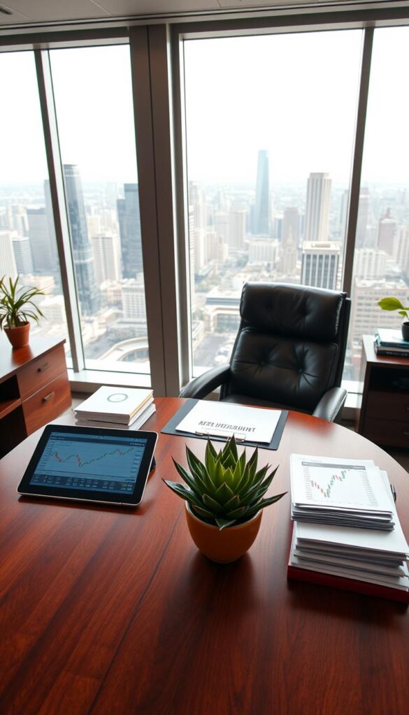 A well-lit office interior, with a large mahogany desk in the foreground. On the desk, a tablet displays stock charts and financial data, surrounded by stacks of paper documents and a strategically placed succulent plant. In the middle ground, a leather executive chair faces the desk, suggesting the presence of a thoughtful investor. The background showcases floor-to-ceiling windows, offering a panoramic view of a bustling city skyline, hinting at the broader market context. The scene conveys a sense of focused contemplation, as the investor carefully navigates their investment strategy.