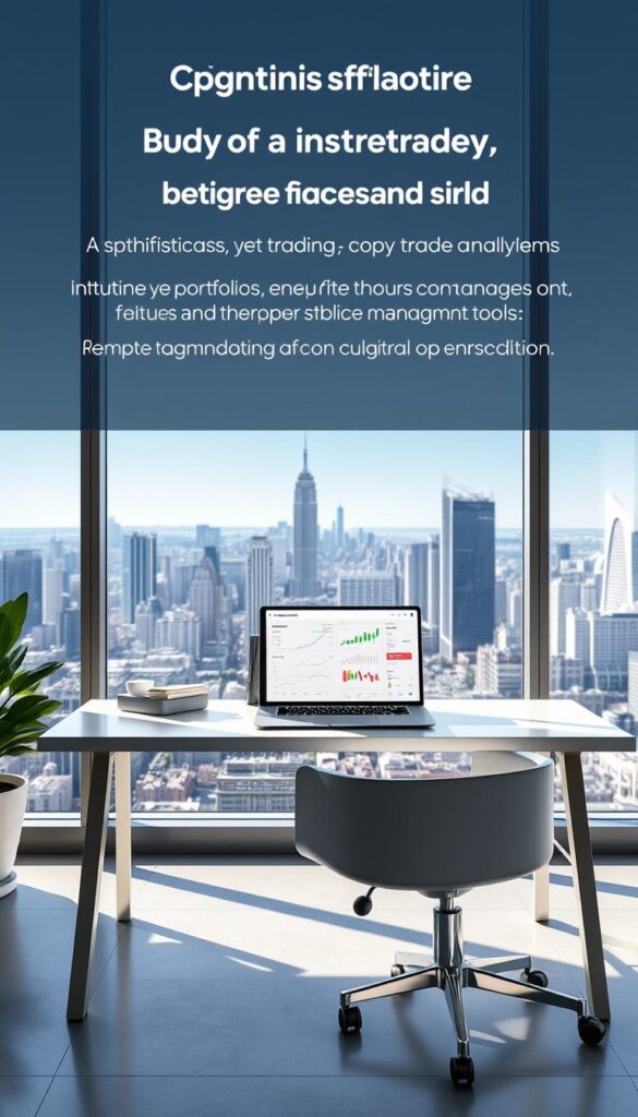 An airy, sunlit office space with a sleek, modern desk and chair arrangement. On the desk, a laptop displays a visually compelling dashboard showcasing key trading metrics, user-friendly analytics, and intuitive portfolio management tools. In the background, a large window offers a panoramic view of a bustling city skyline, creating a sense of professional prowess and digital empowerment. The overall scene conveys the benefits of a sophisticated, yet accessible copy trading platform that elevates the trading experience with robust features, streamlined workflows, and a polished, inspirational aesthetic.