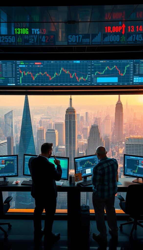 An expansive social trading platform, with a sleek, modern interface. In the foreground, two traders exchange insights and strategies, gesturing animatedly as they analyze market data on their high-resolution displays. The middle ground features a dynamic visualization of global financial trends, pulsing with real-time information. The background showcases a panoramic view of a bustling financial district, with towering skyscrapers and a vibrant city skyline bathed in warm, diffused lighting. The overall atmosphere conveys a sense of collaborative success, innovation, and the thrill of navigating the ever-evolving world of investment opportunities.