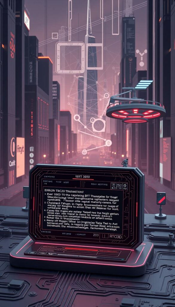 An intricate 3D illustration depicting the troubleshooting process for converting TRC20 USDT to BTC. In the foreground, a holographic interface displays error messages and diagnostic information. In the middle ground, digital representations of blockchain transactions and network protocols intertwine. The background features a futuristic cityscape with towering skyscrapers, neon-lit streets, and hovering transportation. Muted color tones create a serious, technical atmosphere, complemented by dramatic shadows and reflections. Subtle lens distortion and a slightly low camera angle add depth and a sense of immersion. The overall scene conveys the complexity of cryptocurrency conversion and the importance of thorough troubleshooting.