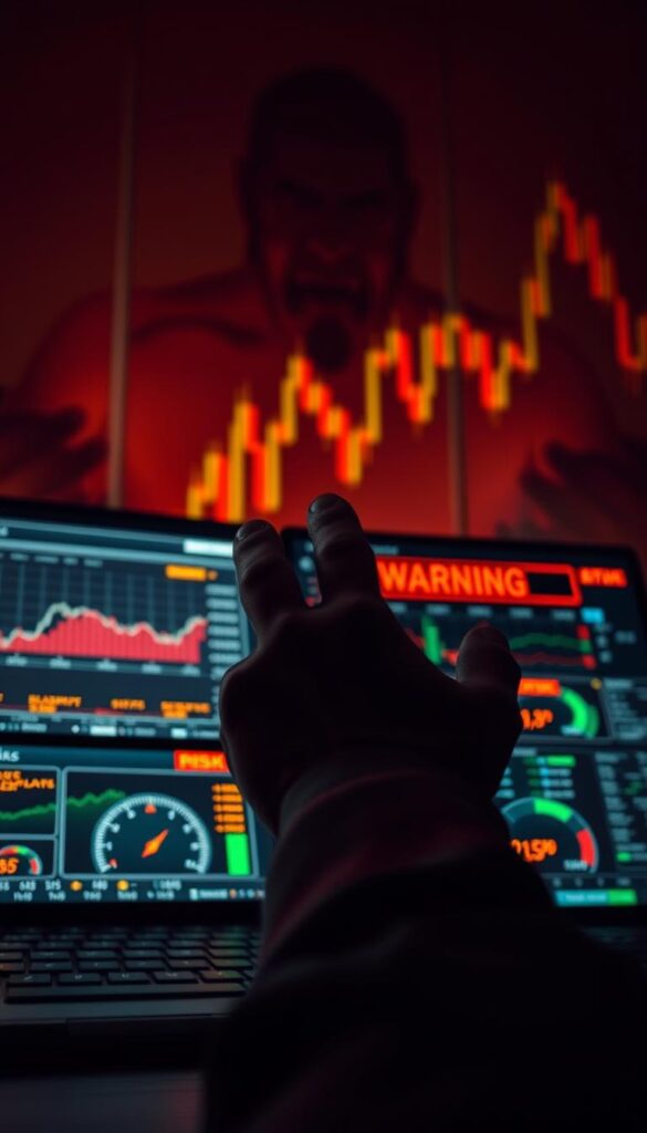 An ominous stock chart looms in the background, casting a foreboding shadow. In the foreground, a pair of hands carefully navigating a complex trading platform, with risk meters and warning signs flashing ominously. The image is bathed in a dim, amber-tinted lighting, creating a sense of unease and uncertainty. The overall mood is one of caution and trepidation, reflecting the potential dangers of unchecked copy trading strategies. The composition is balanced, with the key elements positioned to draw the viewer's attention to the risks involved.