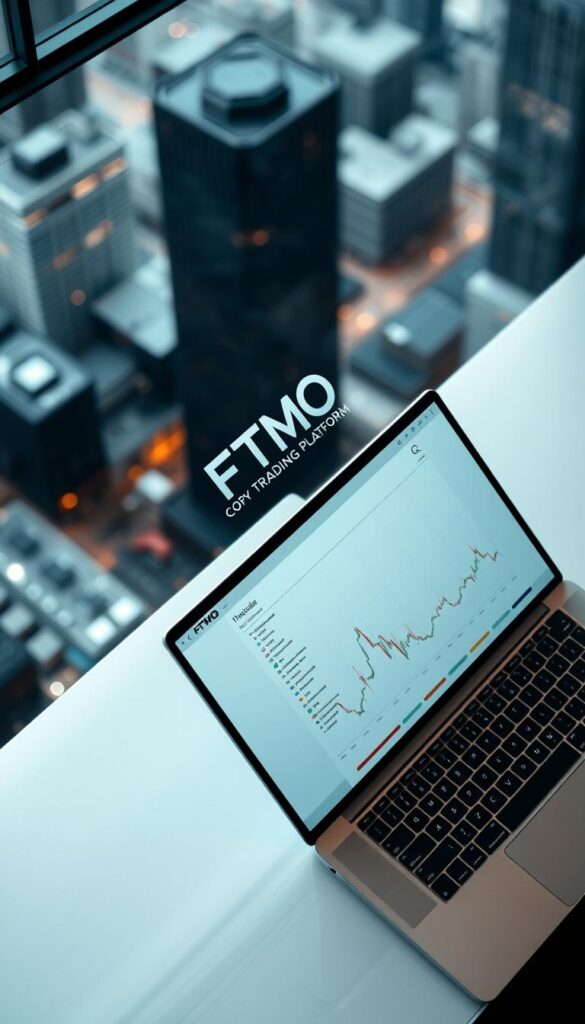 An overhead view of the FTMO Copy Trading Platform, with a sleek and modern user interface displayed on a laptop screen. The platform's logo is prominently featured, surrounded by a clean, minimalist design. The background features a blurred cityscape, suggesting a professional and tech-savvy environment. The lighting is soft and diffused, creating a sense of clarity and focus on the platform itself. The camera angle is slightly tilted, adding a dynamic and engaging perspective to the scene.