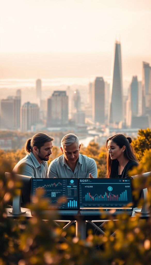 Crypto Copy Trading Benefits: A serene landscape with a central focus on a group of people collaborating over a virtual trading platform. Soft, warm lighting illuminates the scene, creating an atmosphere of trust and productivity. In the foreground, various financial charts and analytics data are displayed on sleek, futuristic devices. The middle ground features the traders themselves, their expressions calm and focused, as they monitor their investments and make informed decisions. In the background, a cityscape with gleaming skyscrapers and a vibrant, bustling energy sets the stage for the financial opportunities enabled by crypto copy trading.