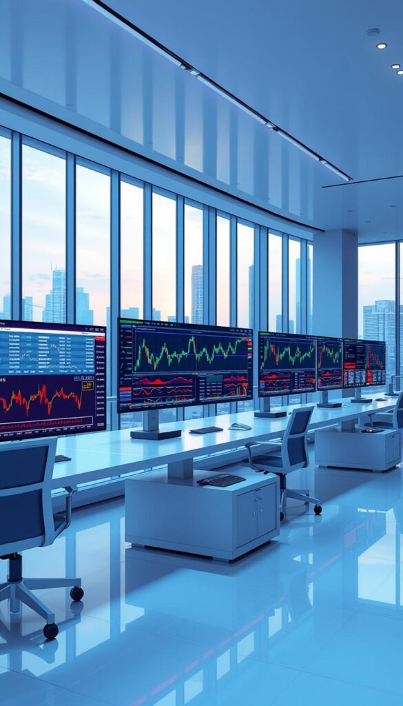 High-quality, futuristic digital illustration of the top copy trading signal platforms in 2025, featuring a sleek, minimalist interface with clean lines, vibrant colors, and advanced trading analytics displayed on a series of holographic screens. The scene is set in a modern, tech-savvy office environment with large windows overlooking a futuristic cityscape in the background. The lighting is a combination of soft, indirect natural light and subtle, ambient blue-toned artificial illumination, creating a professional and cutting-edge atmosphere. The overall composition emphasizes the sophisticated, user-friendly, and AI-powered nature of the best copy trading signal platforms of the future.