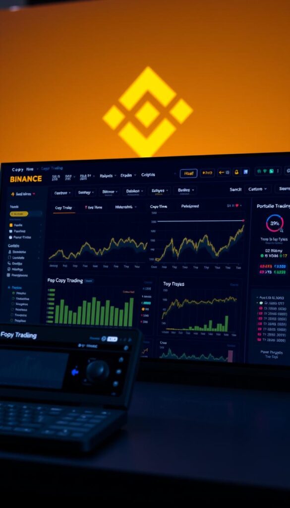 Prompt A vibrant financial dashboard depicting Binance's copy trading features, showcasing detailed analytics, dynamic charts, and customizable portfolio tracking tools. The foreground displays a sleek user interface with intuitive controls, highlighting the ease of copy trading. In the middle ground, animated graphs and statistics convey the potential for profitable strategies, while the background features a stylized Binance logo and a hint of the exchange's signature colors, creating an immersive and visually compelling scene. The overall mood is one of professionalism, innovation, and the promise of maximizing investment returns through the power of copy trading.