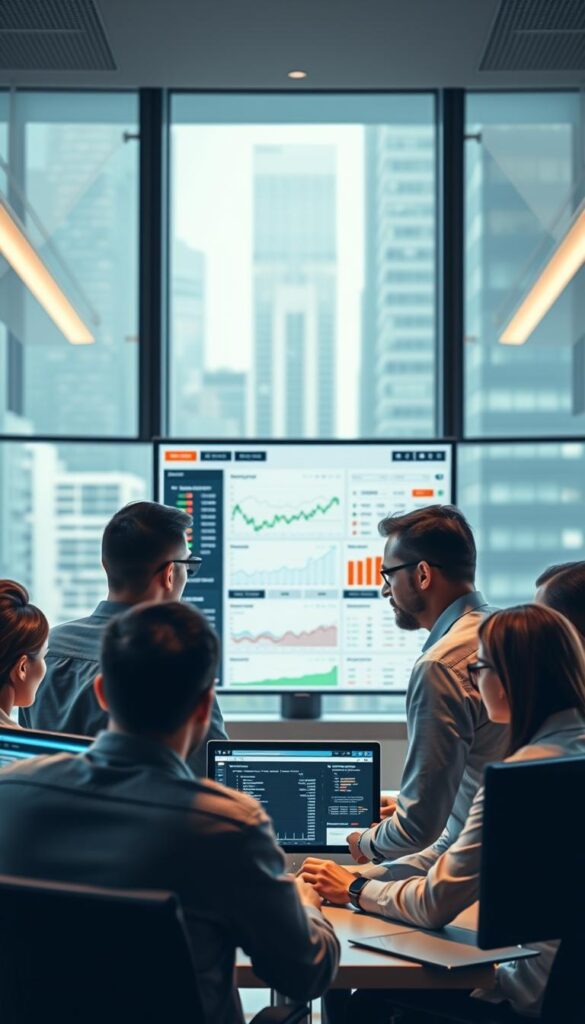 Reliable copy trading providers depicted in a clean, minimalist style. In the foreground, a group of professional traders surrounded by financial data displayed on high-resolution screens. Subtle lighting highlights their focused expressions as they analyze market trends. In the middle ground, a sophisticated dashboard showcases real-time trading statistics and performance metrics. The background features a sleek, modern office environment with large windows overlooking a bustling financial district. The overall atmosphere conveys a sense of expertise, trust, and dependability in the copy trading space.