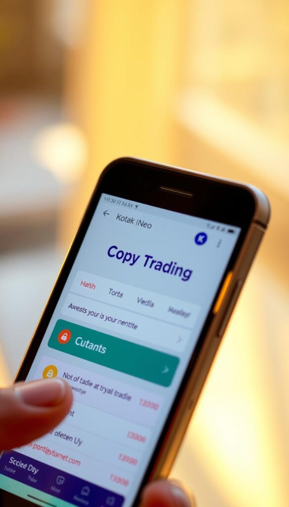 a close-up view of a smartphone screen displaying the Kotak Neo app interface, with a prominent "Copy Trading" feature prominently displayed. The screen is illuminated by warm, natural lighting, creating a soft, inviting atmosphere. The user interface is clean, intuitive, and visually appealing, with well-organized menus and information. The overall impression conveys a sense of effortless, accessible investing through the Kotak Neo platform.