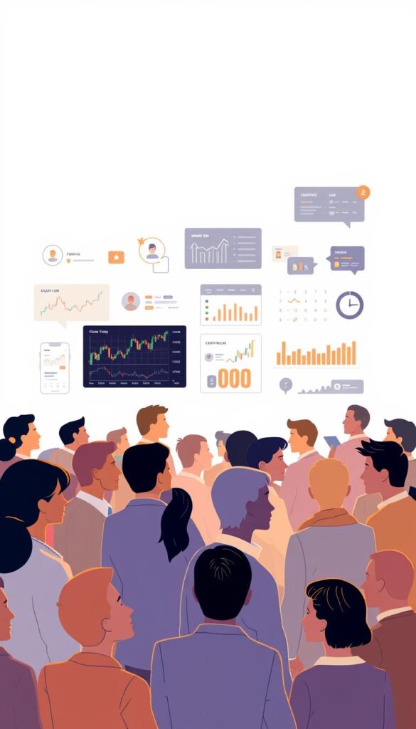 a detailed digital illustration showcasing the benefits of copy trading, set against a clean and minimalist background. in the foreground, a group of diverse traders are collaborating and sharing insights, represented by avatars or simple silhouettes. in the middle ground, a series of stock charts, performance metrics, and social interaction elements are displayed, highlighting the data-driven and community-driven aspects of copy trading. in the background, a soft, warm lighting illuminates the scene, creating a sense of focus and professionalism. the overall composition conveys the idea of an empowered, interconnected trading community leveraging the power of social trading to achieve their financial goals.