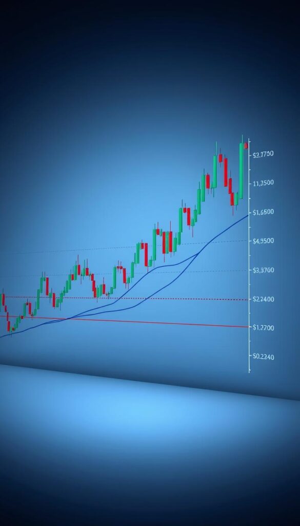 a detailed, realistic, and technical-looking digital illustration of a stock chart analysis, with a candlestick chart taking up the majority of the frame. The chart should be presented against a minimalist, sleek background, with a clean and professional aesthetic. The chart should display clear price data, volume indicators, and technical analysis indicators such as moving averages, Bollinger Bands, and MACD. The overall scene should convey a sense of deep market analysis and data-driven decision making, with a focus on identifying trends and patterns within the financial markets.