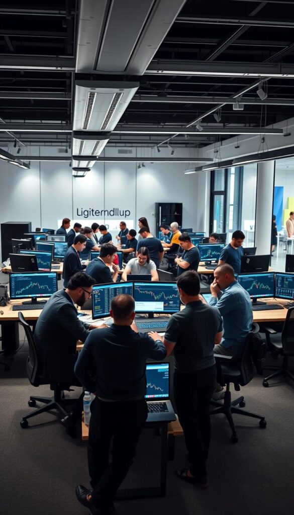 a high-contrast, high-resolution image of a vibrant copy trading community. In the foreground, several people are gathered around a table, engaged in animated discussions and examining trading charts on their laptops. The middle ground features a larger group of traders collaborating and sharing insights, with the background showcasing a modern, technology-driven office environment complete with sleek workstations, large monitors, and a minimalist decor. The lighting is bright and focused, creating a sense of energy and productivity. The overall atmosphere conveys a collaborative, dynamic, and tech-savvy setting where traders are working together to optimize their copy trading strategies.