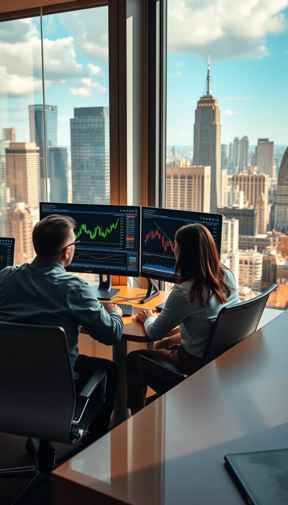 stock market copy trading with two people sitting at desks, one person analyzing stock charts and graphs on a computer screen, the other person closely observing and mirroring the trades, a cityscape of skyscrapers visible through large windows, warm and focused lighting, a sense of collaboration and financial strategy