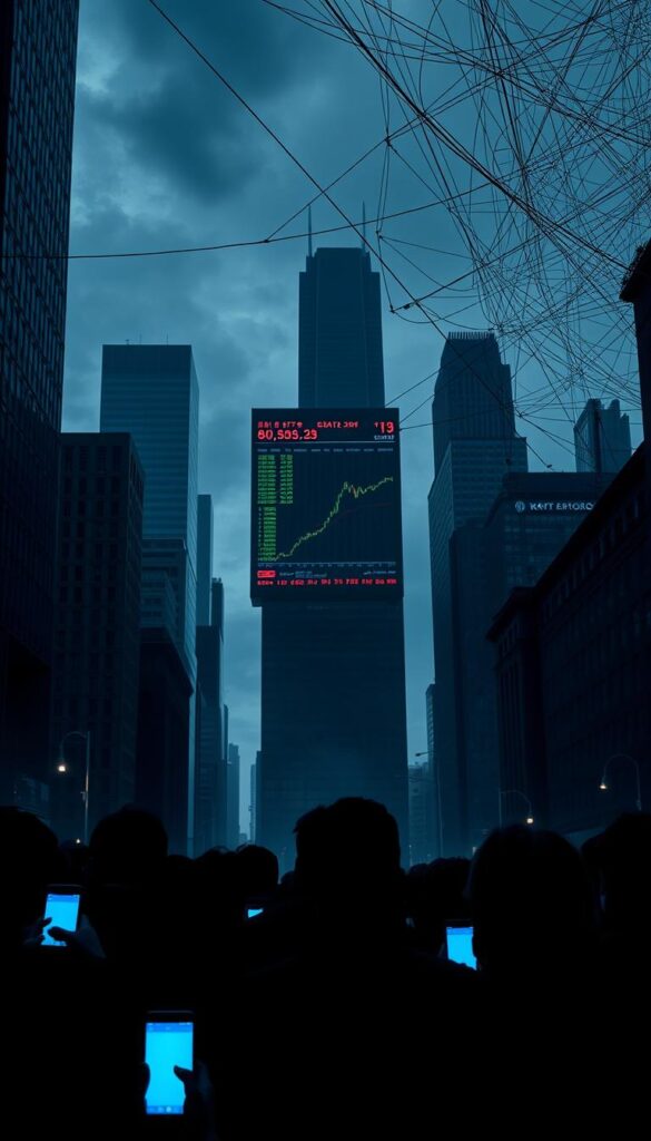 A bleak, gloomy cityscape with towering skyscrapers casting long shadows. In the foreground, a group of people stare intently at their smartphone screens, their faces illuminated by the cold blue light. The middle ground features a massive stock market board displaying plummeting numbers and dire financial reports. In the background, a network of tangled cables and wires crisscrosses the sky, symbolizing the complex, risky nature of copy trading strategies. The overall mood is one of uncertainty, isolation, and the dangers of blindly following the crowd in the world of finance.