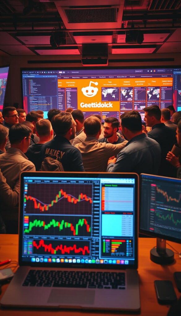 A bustling Reddit forum filled with charts, graphs, and lively discussions on forex copy trading strategies. The foreground features a sleek laptop with real-time market data, surrounded by an array of colorful trading indicators and analytics tools. In the middle ground, a group of Redditors huddle around the screen, engaged in animated conversations, exchanging insights and trading tips. The background showcases the iconic Reddit interface, with its familiar orange-red aesthetic and a vibrant community of online traders. The scene is bathed in a warm, focused lighting, creating a sense of concentration and productivity. The overall atmosphere conveys the energy and collaborative spirit of the forex copy trading community on Reddit.