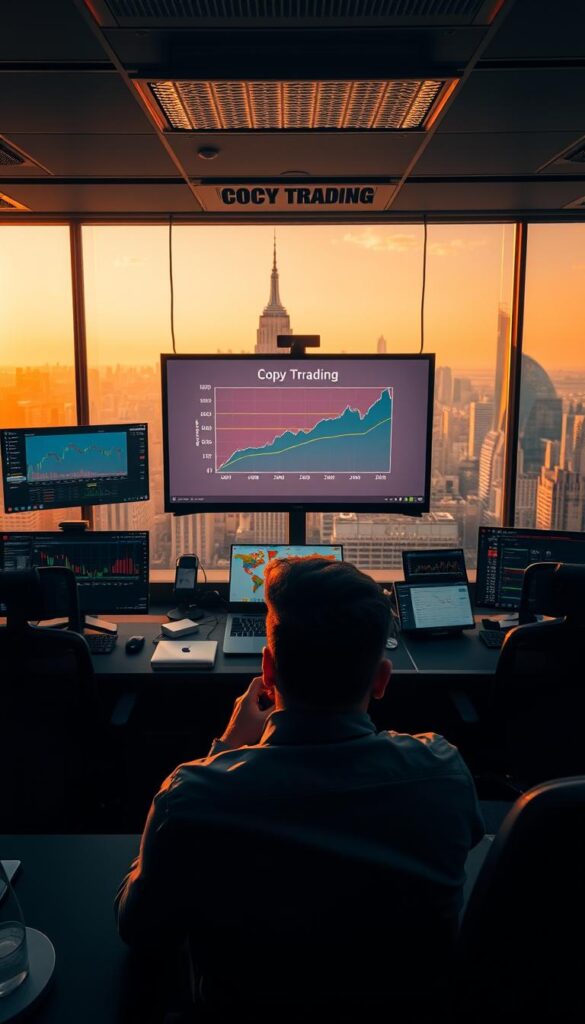 A bustling financial trading desk bathed in warm, golden light. On the center screen, a graph displays the benefits of copy trading: passive income, risk diversification, and accelerated learning. Surrounding it, financial charts, data visualizations, and digital devices showcase the power of this investment strategy. In the foreground, a thoughtful investor contemplates their portfolio, while in the background, a panoramic city skyline symbolizes the global reach of copy trading. The scene conveys a sense of opportunity, productivity, and the rewards of a well-executed investment plan.