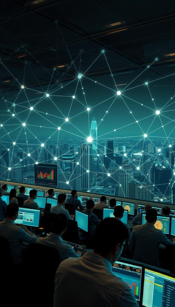 A bustling, interconnected network of traders, charts, and financial data. In the foreground, a group of traders intently monitoring their screens, their faces illuminated by the glow of real-time market information. In the middle ground, a complex web of virtual connections, representing the intricate web of copy trading relationships. In the background, a panoramic view of a modern financial hub, skyscrapers and technology infrastructure supporting the dynamic flow of capital. Soft, directional lighting casts subtle shadows, creating a sense of depth and focus. The overall atmosphere is one of intensity, collaboration, and the pursuit of financial success through the power of the copy trading ecosystem.