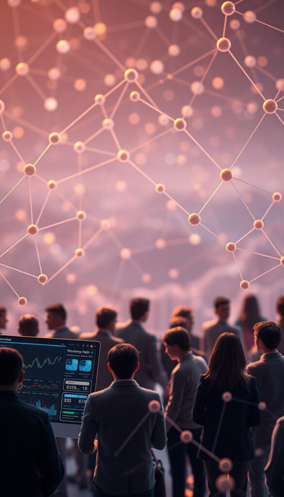 A bustling network of interconnected nodes, representing a vibrant community of copy traders. The foreground features a clean, minimalist interface with sleek data visualizations, charts, and graphs, showcasing real-time market insights. In the middle ground, digital avatars of investors exchange ideas and strategies, their faces obscured to protect their privacy. The background is a soft, ethereal blur of digital landscapes, with subtly pulsing energy fields to convey the dynamic and ever-evolving nature of the copy trading ecosystem. The scene is illuminated by a warm, diffuse glow, creating a sense of collaborative energy and shared purpose. The overall mood is one of professionalism, innovation, and a collective pursuit of financial success.