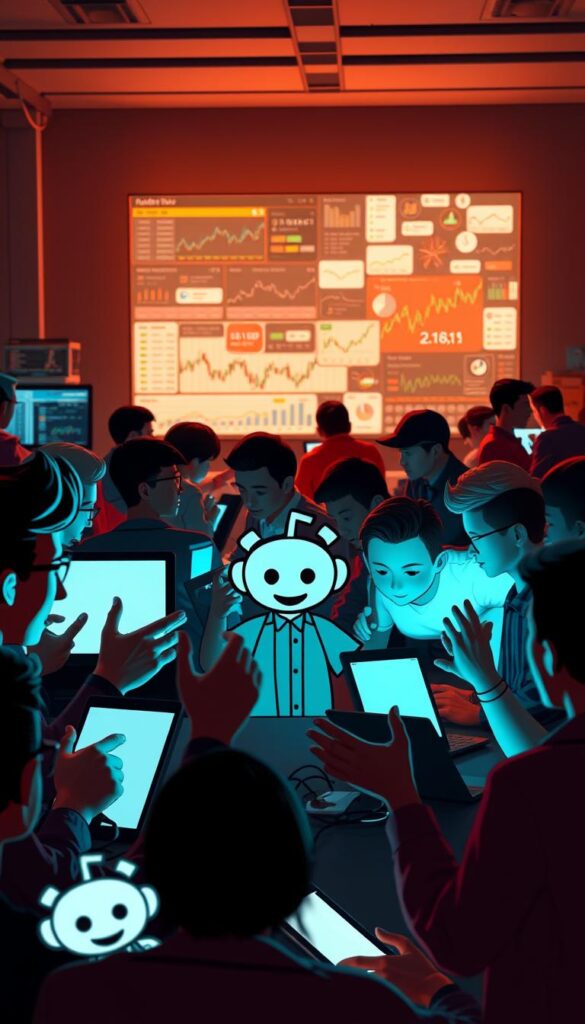 A bustling online community of Reddit users intently discussing stock market trading strategies, their faces illuminated by the soft glow of their digital devices. In the foreground, a cluster of animated avatars gesticulating passionately, exchanging insights and tips. The middle ground reveals a collage of charts, graphs, and financial jargon, reflecting the data-driven nature of their discussions. In the background, a warm, subdued lighting creates an atmosphere of camaraderie and intellectual exchange, as the community members delve deep into the intricacies of copy trading. The overall scene conveys a sense of engaged, collaborative exploration of a complex financial landscape.