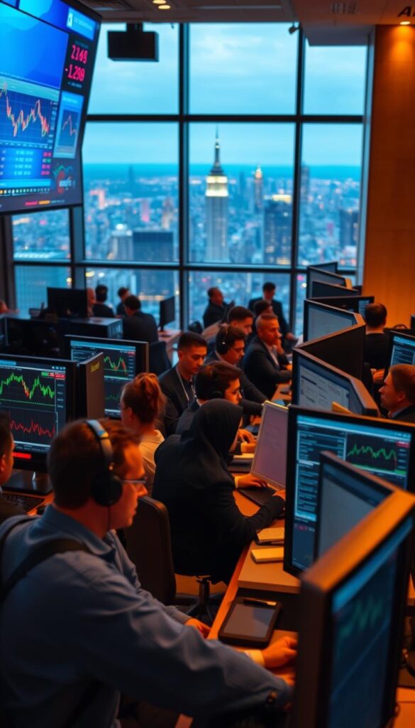 A bustling trading floor illuminated by the warm glow of computer screens, with a group of focused individuals intently monitoring charts and graphs. In the foreground, a large display showcases the latest forex market movements, captured in a crisp, high-resolution image. The scene is bathed in a soft, diffused lighting, creating a sense of professionalism and authority. The middle ground features a team of analysts, their faces reflecting a combination of concentration and confidence, as they collaborate on trading strategies. In the background, a panoramic view of the city skyline can be seen through large windows, hinting at the global scope of the forex market. The overall atmosphere conveys a sense of expertise, precision, and the pursuit of financial success.