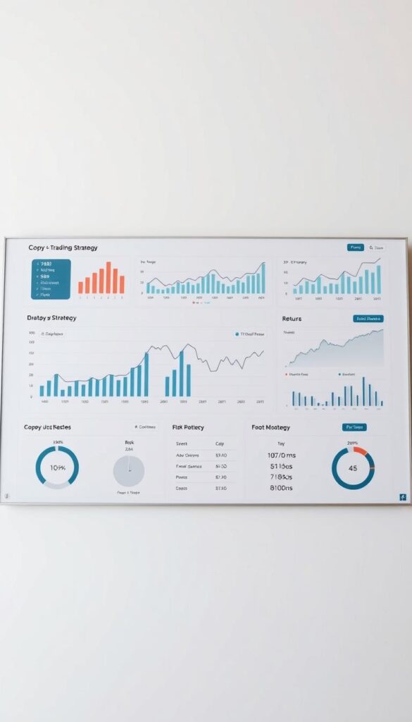 A clean and minimalist data visualization dashboard showcasing the performance metrics of a successful copy trading strategy. The foreground features a series of sleek charts and graphs, displaying key indicators such as returns, risk, and drawdown. The middle ground presents a modern, intuitive user interface with clean typography and well-organized information. The background is a soft, muted tone, allowing the data visualizations to take center stage. The lighting is natural and diffused, creating a sense of clarity and professionalism. The camera angle is slightly elevated, giving the viewer a bird's-eye perspective of the dashboard, conveying a sense of authority and expertise.
