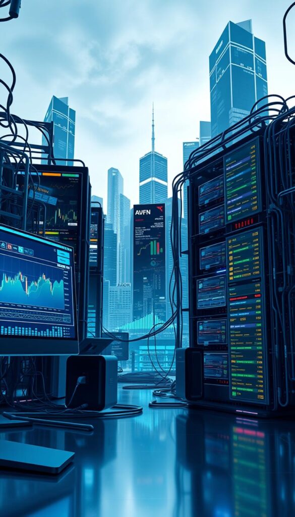 A complex network of algorithms and data streams, an automated trading system stands as a testament to the power of technology in financial markets. In the foreground, visualize a sleek, futuristic interface with real-time stock charts and trading indicators. In the middle ground, interconnected servers and databases hum with activity, processing vast amounts of data to inform the system's decision-making. The background showcases a cityscape of skyscrapers, reflecting the global reach and impact of this financial technology. Bathed in a cool, blue-hued lighting, the scene conveys a sense of precision, efficiency, and the relentless pursuit of market advantage.