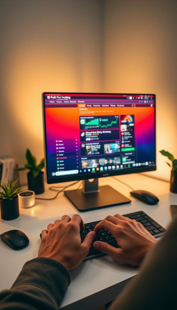 A cozy, well-lit home office with a sleek, modern desktop computer setup. The computer screen displays a vibrant, intuitive Reddit interface showcasing various Forex trading strategies and communities. In the foreground, a person's hands carefully navigate the mouse and keyboard, deep in concentration as they research and analyze potential copy trading opportunities. Subtle lighting casts a warm, productive glow, creating an atmosphere of focused determination. The background features minimal, clean-lined decor, allowing the central computer setup to take center stage and convey the idea of Forex copy trading on Reddit.