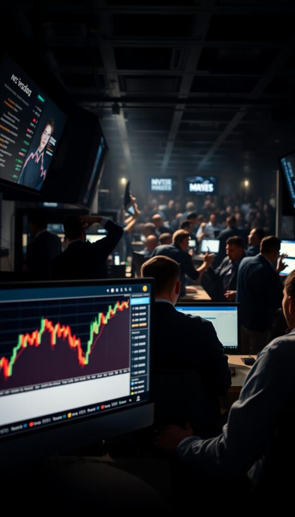 A dramatic scene showcasing the contrast between copy trading and traditional trading. In the foreground, a computer screen displays a dynamic graph, representing the real-time performance of a copy trading platform. In the middle ground, a focused trader intently monitors their screens, making swift decisions. In the background, a dimly lit trading floor is bustling with activity, traders shouting and gesticulating, the atmosphere charged with intensity. Dramatic lighting casts sharp shadows, emphasizing the differences between the two approaches. The scene conveys the efficiency and precision of copy trading versus the high-stakes, high-energy nature of traditional trading.